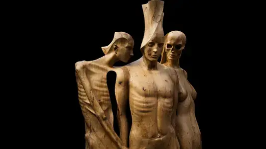 Scultura in legno “Il canto delle sirene” di Salvatore Rizzuti: tre figure umane scolpite in forma simbolica e anatomica, su sfondo nero. Opera esposta a EOLiè25 – Festival di arte, letteratura e società.