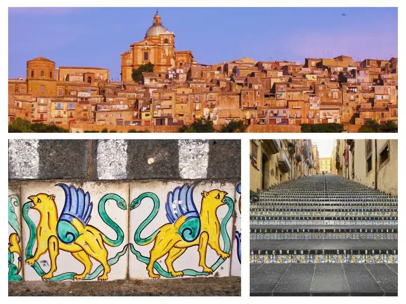 Panorama di Caltagirone con la Scalinata di Santa Maria del Monte e particolari delle piastrelle in ceramica decorate a mano, simbolo della tradizione siciliana.